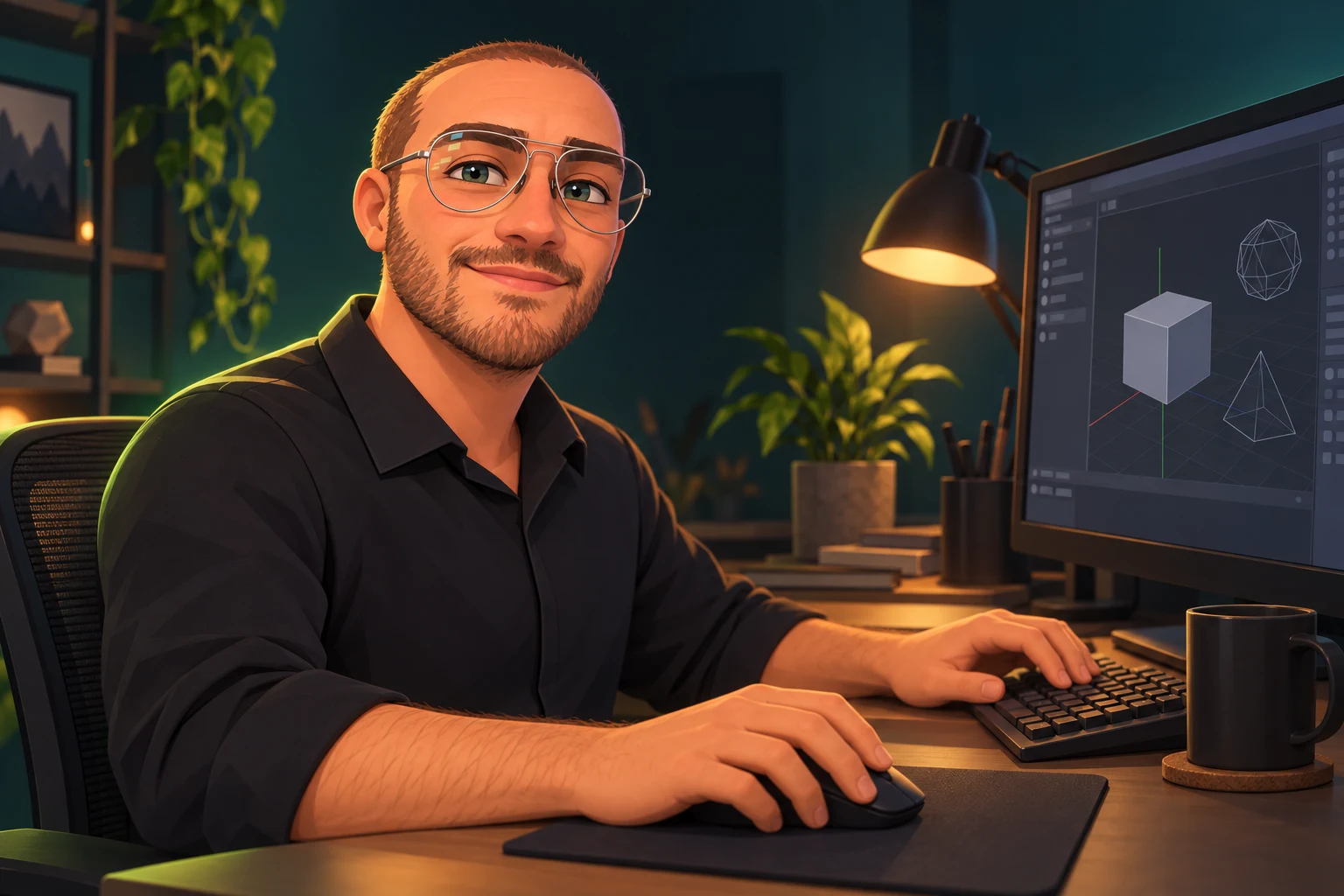 Ritratto stylized del creator Zormesh, con occhiali e barba corta, alla scrivania davanti a un editor 3D.